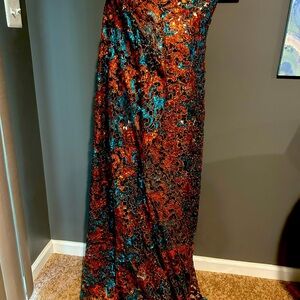 5 Yards Blue & Orange African Cord Guipure Lace Crystals Fabric